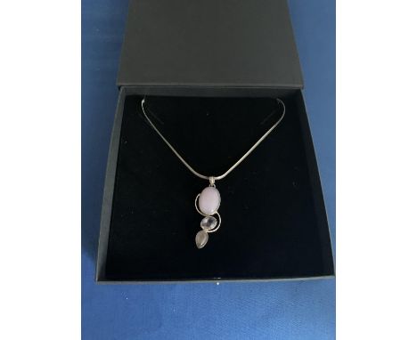 MODERN 3 PINK STONE FANCY PENDANT PROBABLY PINK QUARTZ TOGETHER WITH A SNAKE CHAIN MARKED 925 SILVER 