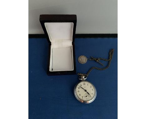SMITHS EMPIRE CHROME POCKET WATCH WITH BASE METAL CHAIN WITH SILVER ST CHRISTOPHER ATTACHED 