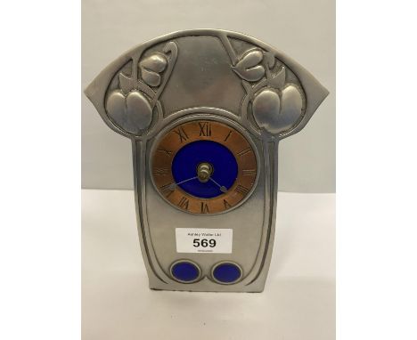 ART NOUVEAU STYLE PEWTER MANTLE CLOCK WITH BLUE CERAMIC DETAIL, BATTERY DRIVEN 