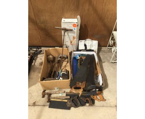 VARIOUS TOOLS TO INCLUDE A LARGE QUANTITY OF SAWS, HAMMERS, SOIL SAMPLER, SCALES ETC 