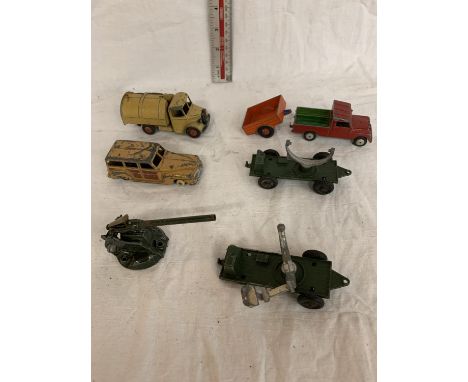 A COLLECTION OF SEVEN DINKY AND CORGI TOYS TO INCLUDE WAGONS AND CANNON 