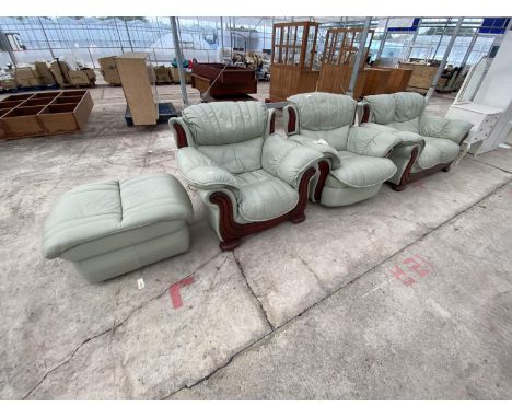 A LEATHER AND MAHOGANY TWO SEATER SOFA, TWO ARMCHAIRS AND A FOOTSTOOL 