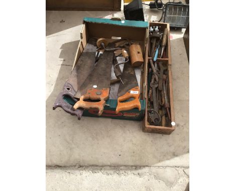 A COLLECTION OF VINTAGE TOOLS TO INCLUDE SAWS, SPANNERS, DRILLS ETC 