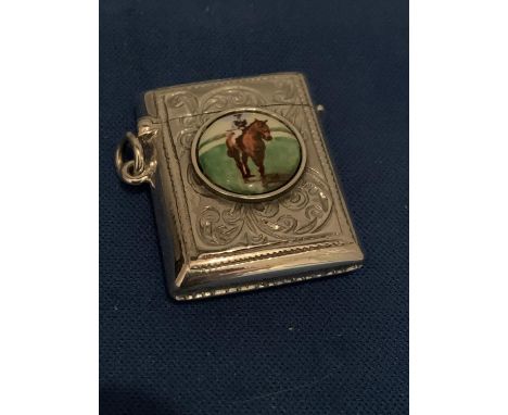 SILVER ENAMELLED VESTA CASE DEPICTING HORSE &amp; JOCKEY SCENE, 925 MARKED. TOTAL GROSS WEIGHT 17.9 GRAMS 