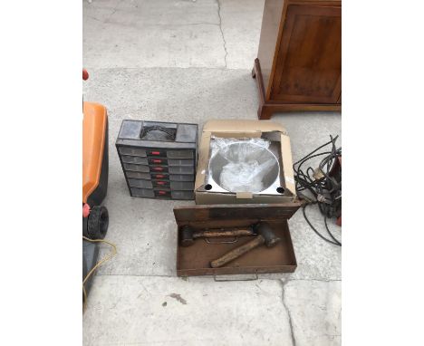 A NEW AND BOXED STAINLESS STEEL BASIN, A METAL CASE WITH HAMMERS AND A SMALL STORAGE BOX 