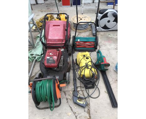A QUANTITY OF GARDEN TOOLS TO INCLUDE A MOUNTFIELD MOWER, HOSE PIPE, KARCHER PRESSURE WASHER, HEDGECUTTER ETC 