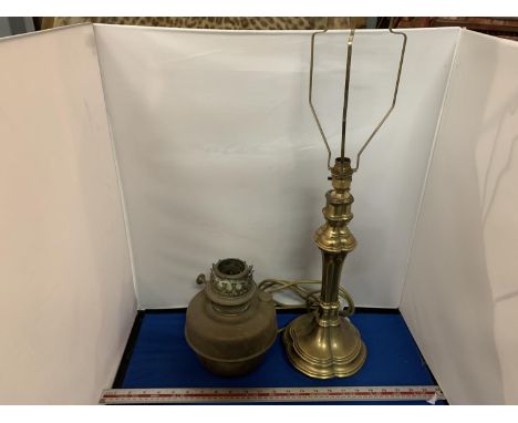 A BRASS TABLE LAMP AND A BRASS OIL LAMP BASE 