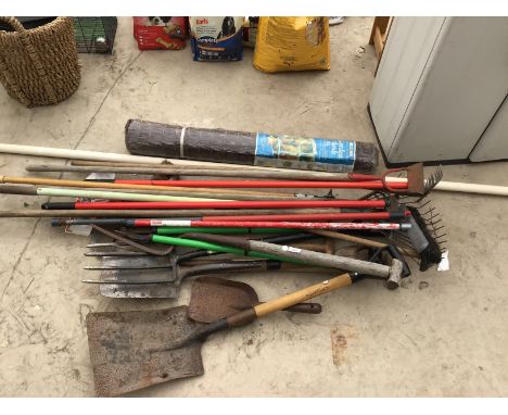 A LARGE COLLECTION OF GARDEN TOOLS TO INCLUDE FORKS, SHOVELS, RAKES AND A NEW ROLL OF GARDEN MESH 