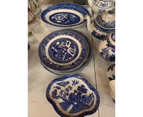 COLLECTION OF BLUE AND WHITE WILL PATTERN WARES, TEAPOTS, PLATES, JUGS, CUPS AND SAUCERS ETC 