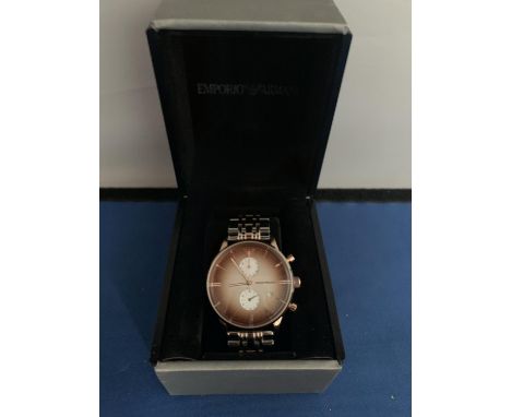 EMPORIO ARMANI CHRONOGRAPH BI TONE FASHION WATCH, BOXED 