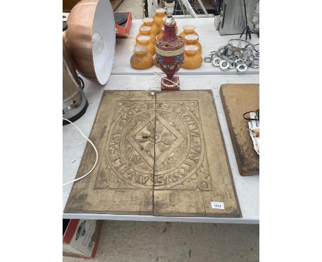 A 'GOD BE MERCIFVL' TWO PIECE WOODEN PLAQUE TOGETHER WITH A LAMP BASE A/F 