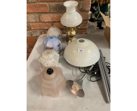 FOUR VARIOUS GLASS SHADES, A  BRASS OIL STYLE LAMP WITH SAHDE AND A CHROME BASED GLASS SHADE STANDARD LAMP 