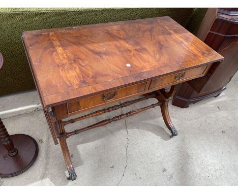 A MAHOGANY DROP END SOFA TABLE WITH TWO DRAWERS 