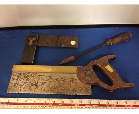 THREE VINTAGE TOOLS TO INCLUDE A SAW AND SET SQUARE 