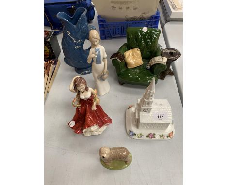 SIX VARIOUS CERAMIC PIECES TO INCLUDE A PLYMOUTH GIN FISH STYLE JUG, TWO LADY FIGURINES, A SOFA, DOG AND CHURCH EXAMPLES 