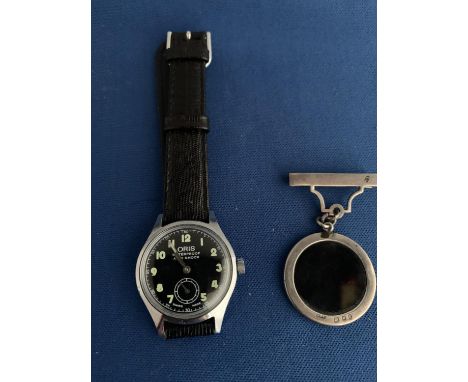 MID CENTURY GENTS ORIS MANUAL WRIST WATCH STAINLESS STEEL BLACK DIAL WITH BLACK LEATHER STRAP, TOGETHER WITH UNKNOWN MILITARY