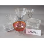A firing glass, two 19th century dwarf ales, two cut glass boxes and covers, and other 19th