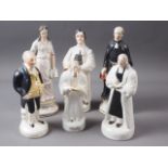 Six 19th century Staffordshire figures, "Protestantism", "Popery", two figures of Wesley, another