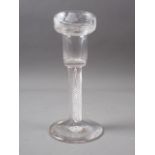 An 18th century design engraved cordial glass with air twist stem, 5" high
