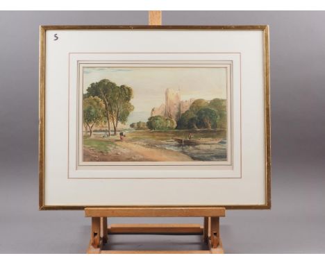 R P Leitch: watercolours, ruined castle by a river, 8" x 12 1/2", in wash line mount and gilt strip frame, and&nbsp;William F