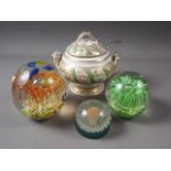 A Victorian green and gilt decorated sauce tureen and cover, a silver plated sauce ladle, and