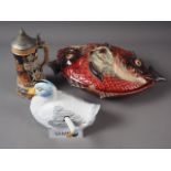 A Portuguese pottery fish tureen, a duck sauce boat and other decorative china