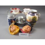 Two Bossons plaster busts, a German stein, a Noritake vase, and a collection of cabinet cups and
