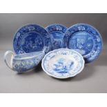 A 19th century blue and white bourdalou (rim chip) and four blue and white plates, various