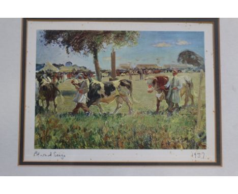 Edward Seago: a colour print, "The Parade of Bulls at Thame Show 1937", Stukley: an 18th century hand-coloured engraving, pro