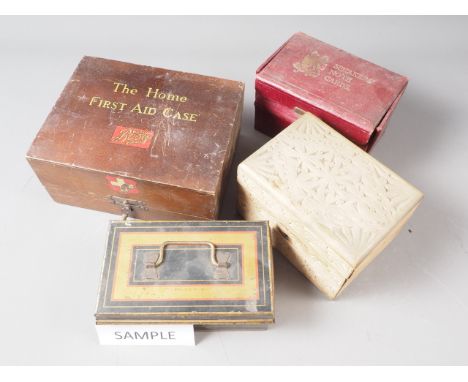 A Boots First Aid box, two metal cash tins and a collection of other boxes, biscuit tins, etc 