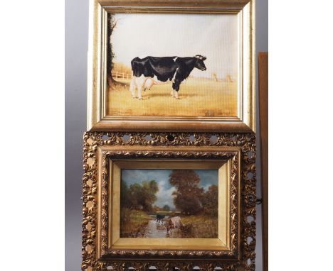 R A Hawkins: oil on canvas, cattle in a stream, 4 1/2" x 6 3/4", in gilt frame, and a similar picture of a cow, in gilt frame