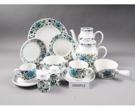 A Midwinter "Spanish Garden" pattern part combination service, comprising two coffee pots, two teapots, two tureens, plates, 