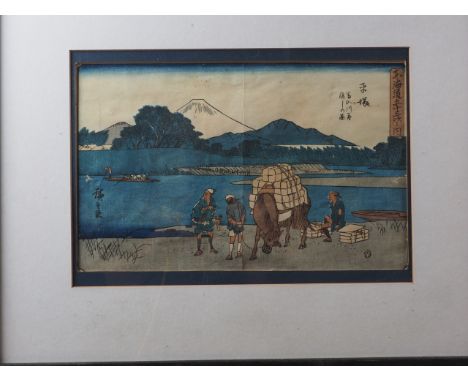 A Japanese woodblock print, "Mujiri River", in ebonised frame, another after Hiroshige, "Tenryu River at Mitsuke", in strip f