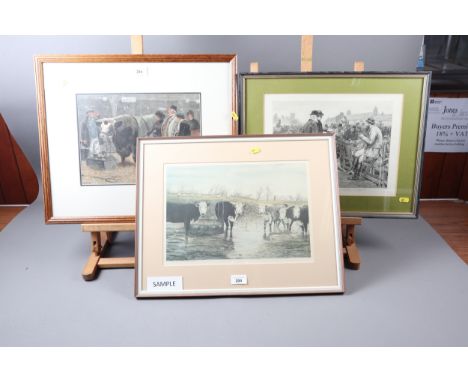 Williamson: a colour print, cattle in a field, and a 19th century engraving, "A Sheep-Fair in Cornwall", framed and glazed, a