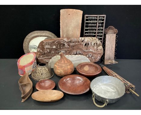 Boxes and objects - tribal objects, treen bowls, hammered oval mirror, 35cm long, abacus; etc 