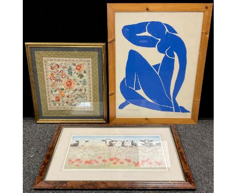 Pictures &amp; Prints  - An embroidered Chinese silk floral panel, 38cm x 33cm;  Ann Blockley, by and after, Cows, limited ed