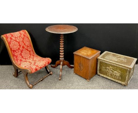 A small Victorian walnut ‘Slipper’ chair, 63cm high x 39.5cm wide;  a 19th century bobbin-turned tripod table, 72cm high x 45