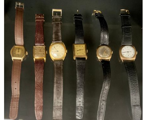 Watches  - a Hamilton 14ct gold filled cased tonneau wristwatch, silvered dial, raised Arabic numerals and dot baton markers,