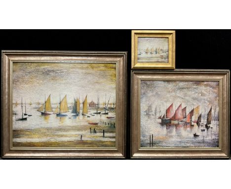 L. S. Lowry, after, ‘Yachts at Latham’, textured art print, laid on board, 50cm x 60cm;  another, ‘ Sailing boats, 1930’, 40c