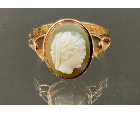 A cameo hardstone panel ring, Portrait of a maiden possibly Minerva, open shouldered shank, stamped 9ct, size M, 2.9g gross 