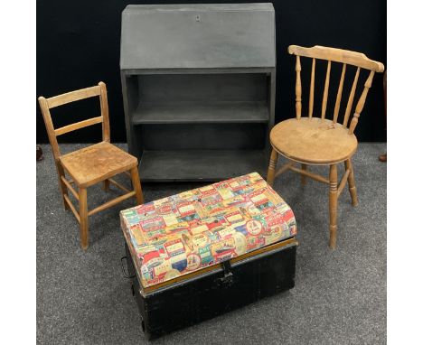 A mid 20th century oak student’s bookcase bureau, painted grey;  a 19th century elm spindle-back chair;  a child’s elm chair;