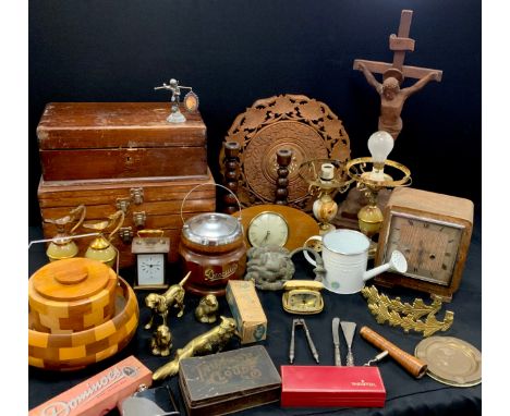 Boxes and objects - a multi sectioned tool cabinet box, 38cm high, a cast brass lions head door knocker, onyx table lamp,  br