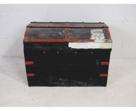 A black painted metal-bound dome-topped trunk - length 79cm