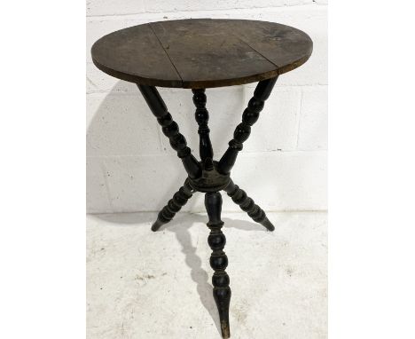 A pine topped Gypsy table with ebonised bobbin turn supports.