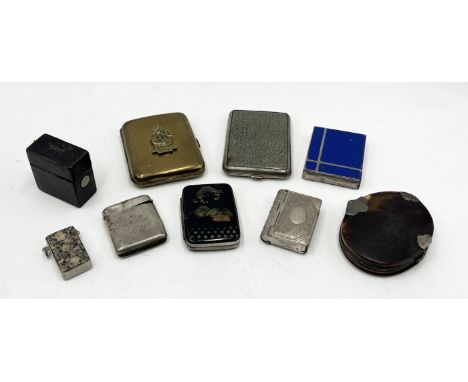 A collection of vestas, Art Deco compact, Asprey leather lighter, travelling vesta and a Georgian tortoiseshell magnifying gl
