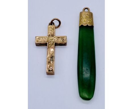 A 9ct gold cross (weight 2.1g) along with a jade pendant set in unmarked gold
