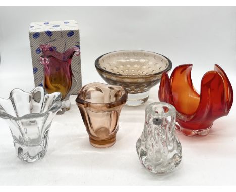 A collection of art glass including Bohemia vase and bowl, ruby glass centrepiece, Liskeard Glass vase etc.