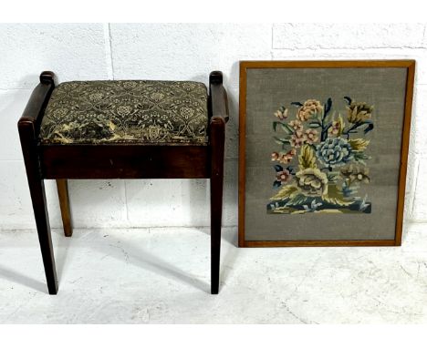 An Edwardian piano stool (upholstery in need of repair) along with a framed tapestry.