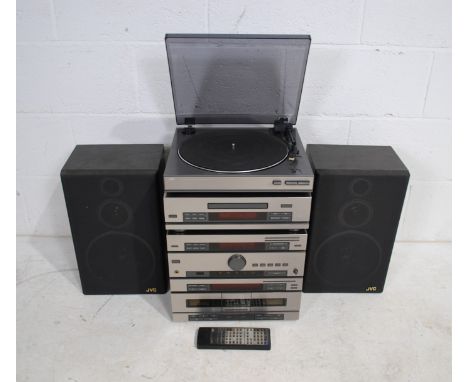 A JVC stacking hi-fi system, comprising of a turntable (AL-E45), CD player (XL-E45), double cassette deck, receiver, graphic 