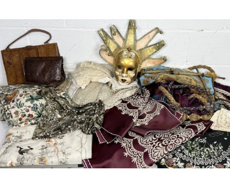A collection of various vintage fabrics, lace, handbags etc including William Morris style curtains. leather bags, tie backs 